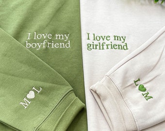 Custom Embroidered I love my boyfriend Sweatshirt with Initials on Sleeve, Couple Sweatshirt, Valentines Day Christmas Gift for Girlfriend
