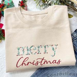 FLORAL Merry Christmas sweatshirt/hoodie embroidered, Christmas embroidered sweatshirt, Vintage Christmas sweatshirt, Merry Christmas Gifts