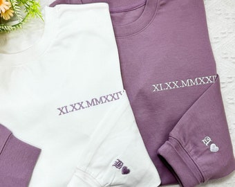 Custom Embroidered Roman Numeral Sweatshirt, Couple Gift, Personalized Date Hoodie Initial on Sleeve, Engagement, Lavender Anniversary gift