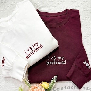 I Love My Girlfriend Boyfriend Custom Embroidered Crewneck Sweatshirt Personalized Couple Gift, Initial on Sleeve, Engagement, Anniversary