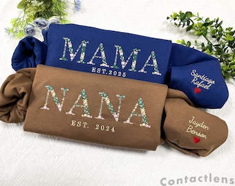 Embroidered Floral Mama Sweatshirt With Kids Name on Sleeve, Personalized Nana/Auntie/Grandma/ Gigi Sweatshirt, Mothers Day Gift for Mom