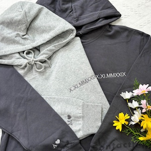Custom Embroidered Roman Numeral Hoodie, Personalized Anniversary Date Couple Hoodies with Initial on Sleeve Sweatshirt, Engagement Gift