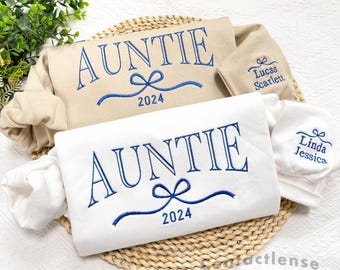 Benutzerdefinierte Tante gesticktes Sweatshirt mit dem Namen der Nichten-Neffen auf dem Ärmel, personalisiertes Tante-Sweatshirt mit Schleife, Muttertag, Weihnachtsgeschenke