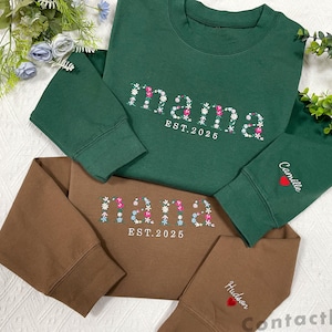 Embroidered Floral Mama Sweatshirt With Kids Name on Sleeve, Personalized Nana/Auntie/Grandma/ Gigi Sweatshirt, 60th Birthday Gift for Mom