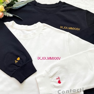 Custom Embroidered Roman Numeral Sweatshirt, Couple Shirt Initial On Sleeve, Anniversary Year, Personalized Date Hoodie, Valentines Day Gift