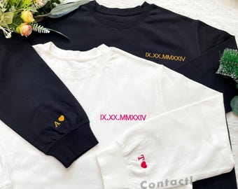 Individuell gesticktes Sweatshirt mit römischer Ziffer, Paar-Shirt Initiale am Ärmel, Jubiläumsjahr, personalisierter Datum Hoodie, Valentinstag Geschenk
