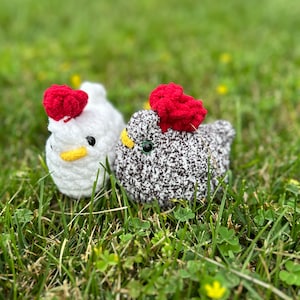 May include: Two crocheted chicken toys, one white with a red comb and the other brown and white with a red comb, sitting in green grass.
