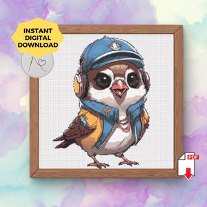 Patrón de punto de cruz de gorrión de ídolo K-Pop: Lindo PDF de bordado de pájaro de moda coreana, regalo divertido para fans del K-Pop