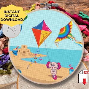 Axolotl Flying Kite Cross Stitch Pattern: Beach Day Fantasy Embroidery, Mexican Folk Art Inspired, Instant Download PDF