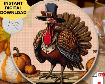 Pilgrim Turkey Cross Stitch Pattern: Thanksgiving Bird in Colonist Costume, Vintage Turkey embroidery design, Instant Download PDF