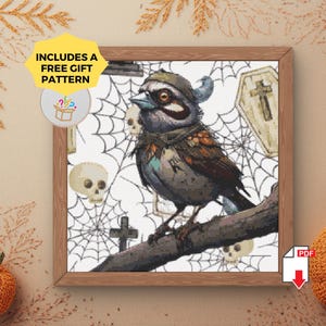 Patrón de punto de cruz de gorrión zombi: Pájaro espeluznante de Halloween en una rama muerta, PDF de bordado gótico, arte animal macabro
