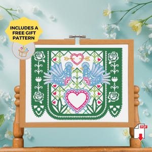 Perforated paper Love Birds Cross Stitch - Mexican Folk Art Couple with Hearts, Romantic Embroidery PDF, Easy Beginner Pattern