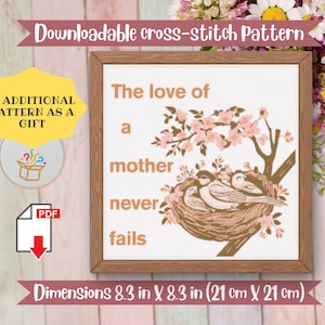 Mother Sparrow Cross Stitch Pattern: Bird Nest with Cherry Blossoms, Kawaii Vintage Embroidery, First-Time Mom Gift, Instant Download PDF