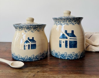 Pair of Vintage Buttermilk Acres Kitchen Canisters | Country Spongeware Jars | Farmhouse Cottage Pantry Storage | Stoneware Food Canisters