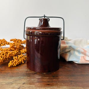 May include: A cylindrical dark brown glazed ceramic crock with a matching lid and a black metal wire bail handle. The container features a smooth, reflective surface and a sturdy construction, designed for storage with a secure lid closure.