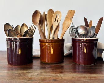 Small Vintage Stoneware Butter Bell/Cheese Crock | Little Kitchen Utensil Holder | Farmhouse Cottage Storage | Brown Glazed Stoneware