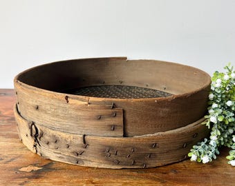 Antique Round Wooden Sieve | Primitive Bentwood Grain Sifter | Farmhouse Cottage Wall Decor | Rustic Cabin Kitchen Tools