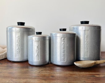 4 Vintage Spun Aluminum Canisters | Farmhouse Dry Goods Storage | Retro Country Kitchen Jars | Lidded Flour, Sugar, Coffee, Tea Canister Set