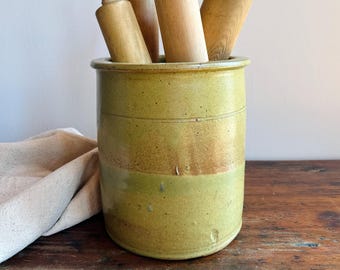 Handmade Vintage Pottery Crock | Green Speckled Stoneware | Modern Rustic Farmhouse | Kitchen Utensil Canister | Country Cottage Kitchen