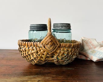 Small Vintage Buttocks Basket | Little Primitive Farmhouse Basket with Handle | Splint Wood Woven Cottage Storage | Mini Melon Basket