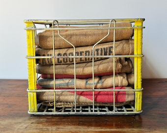 Vintage Yellow Steel Dairy Crate | Metal Milk Crate | Farmhouse Wire Storage & Organization Basket | 11-75 SEAL TEST | Industrial Box