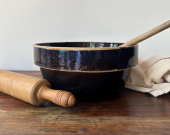 Antique Dark Brown Crock Bowl | Salt Glazed Stoneware | Deep Dish Bowl | Modern Farmhouse Cottage Kitchenware | Primitive Fruit Veggie Bowl