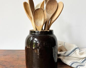 Small Antique Stoneware Canning Crock | Dark Brown Kitchen Utensil Holder | Rustic Farmhouse Pickling Jar | Primitive Cottage Decor