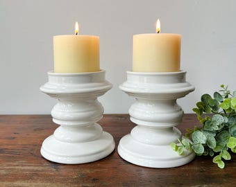 2 Vintage Pillar Candlesticks | Ceramic White Candle Holder Set | Royale Haeger Pottery | Farmhouse Mantle Decor | Cottage Dining Room