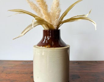 Cracked Small Vintage Whiskey Crock | Little Brown & Beige Milk Jug | Wide Mouth Stoneware Canning Jar | Farmhouse Kitchen Vase