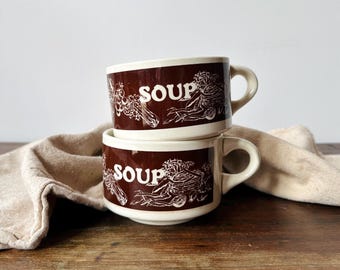 Pair of Vintage Soup Mugs | Farmhouse Dining | Country Kitchen | Brown & Beige Stoneware Bowls | Vegetable Pattern | Veggie Soup Cups