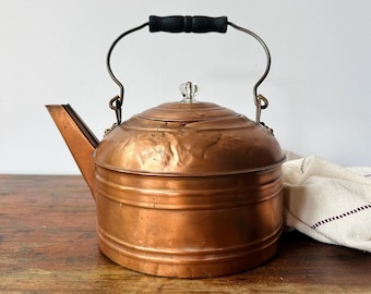 Vintage Revere Ware Copper Kettle | Farmhouse Kitchen Large Copper Teapot with Wood Handle | Country Cottage Decor | Rustic Weathered Patina