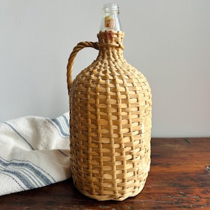 Vintage Demijohn Bottle | Round Wine Bottle with Wicker Casing & Handle | Vintage Glass | Small Farmhouse Flower Vase