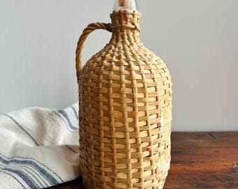 Vintage Demijohn Bottle | Round Wine Bottle with Wicker Casing & Handle | Vintage Glass | Small Farmhouse Flower Vase