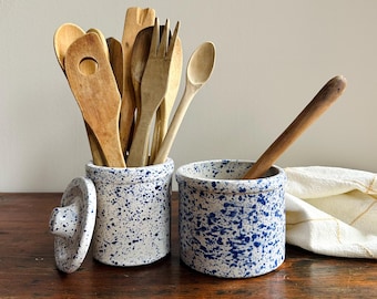Vintage Speckled Blue & White Butter/Cheese Crock | Stoneware Butter Bell | Small Stoneware Canning Jar | Farmhouse Kitchen Decor