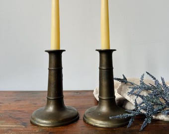 2 Antique Cast Metal Candlesticks | Early American Colonial Farmhouse | Primitive Candle Holder Pair | Heavy Patina Dining & Mantle Decor