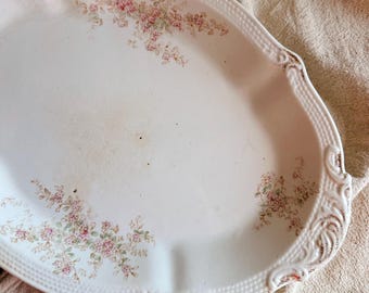 Vintage Stained & Crazed Serving Platter | Ford China Co. Porcelain | Scalloped Serveware | Pink Floral Plate | Elegant Farmhouse Dining