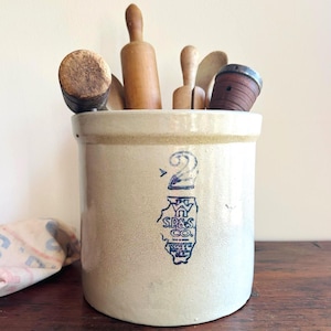 Antique 2 Gallon White Hall Crock | Sewer Pipe & Stoneware Company | Modern Farmhouse Storage | Kitchen Utensil Holder