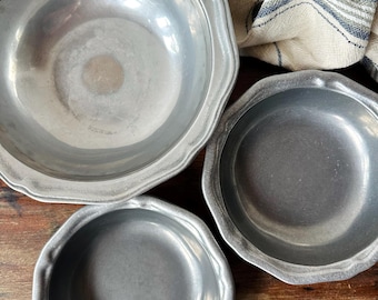 3 Vintage Wilton Pewter Bowls | Carson & RWP Pewter Serveware | Traditional Farmhouse Kitchen | Colonial Style Dining | Old Metal Bowls