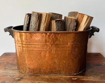 Large Antique Copper Boiler | Wood Handle Oval Copper Washtub | Farmhouse Cottage Rustic Patina | Storage & Organization | Firewood Bucket