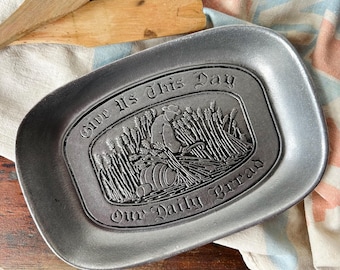 Vintage Wilton Pewter Bread Plate | Give Us This Day Our Daily Bread | RWP Spoon Rest | Farmhouse Kitchen | Colonial Style Pewter