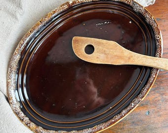 Vintage Monmouth Pottery Brown Drip Oval Plate | Maple Leaf Stoneware | Farmhouse Serveware Small Platter