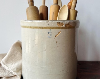 Cracked Antique 3 Gallon Stoneware Crock | Glazed Canning Jar | Kitchen Utensil Holder | Modern Farmhouse Planter | Primitive Cottage Style
