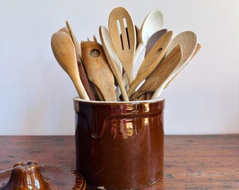 Large Vintage Butter Crock | Western Stoneware Company Brown Glazed Low Jar | Farmhouse Utensil Holder | Cheese Crock with Lid