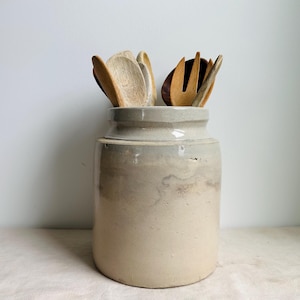 Antique Glazed Stoneware Crock | Stained & Crazed | Butter Churn | Old Canning Crock  | Farmhouse Kitchen Utensil Holder | Antique Pottery
