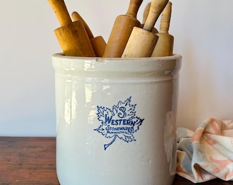 Antique 3 Gallon Double Image Western Stoneware Crock | Cobalt Blue Snake Leaves | Modern Farmhouse Planter | Large Maple Leaf Pottery