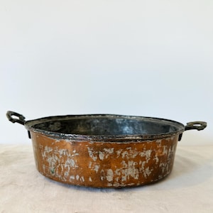 Antique Copper-plated Pan | Worn Hammered Copper | Brass Handles | Primitive Copper Baking | Old World European Rustic Farmhouse Kitchen