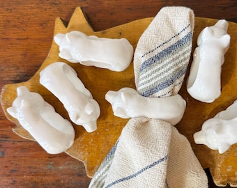 6 Vintage Porcelain Pig Napkin Rings | Farmhouse Dining Table Napkin Holders | Country Cottage Dinnerware | White Farm Animal Decor