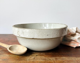 Antique White Stoneware Crock Bowl | Salt Glazed Dough Mixing Bowl | Modern Farmhouse Cottage Kitchen | Primitive Fruit & Veggie Bowl
