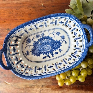 Antique Ceramic Fruit Basket | Blue & White Hand-Painted Basketweave Dish | Farmhouse Kitchen Storage Basket | Chinese Reticulated Canton