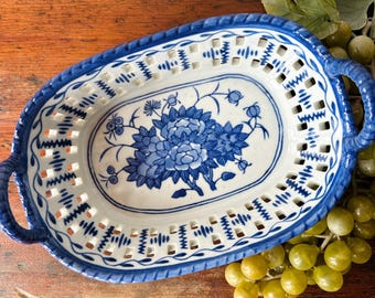 Antique Ceramic Fruit Basket | Blue & White Hand-Painted Basketweave Dish | Farmhouse Kitchen Storage Basket | Chinese Reticulated Canton